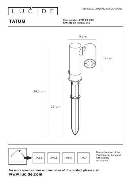 Lucide TATUM - Gartenstrahler - LED - 1x4,5W 3000K - IP65 - Anthrazit - technisch